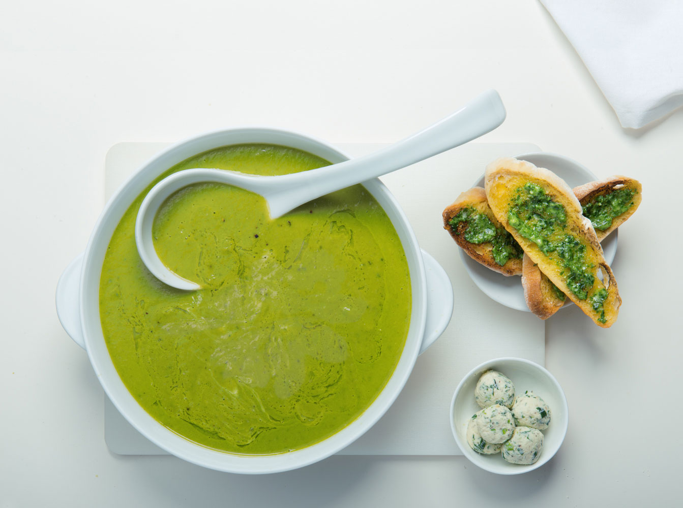 Asparragus Soup with sour feta herb rolls and Genoses pesto toast