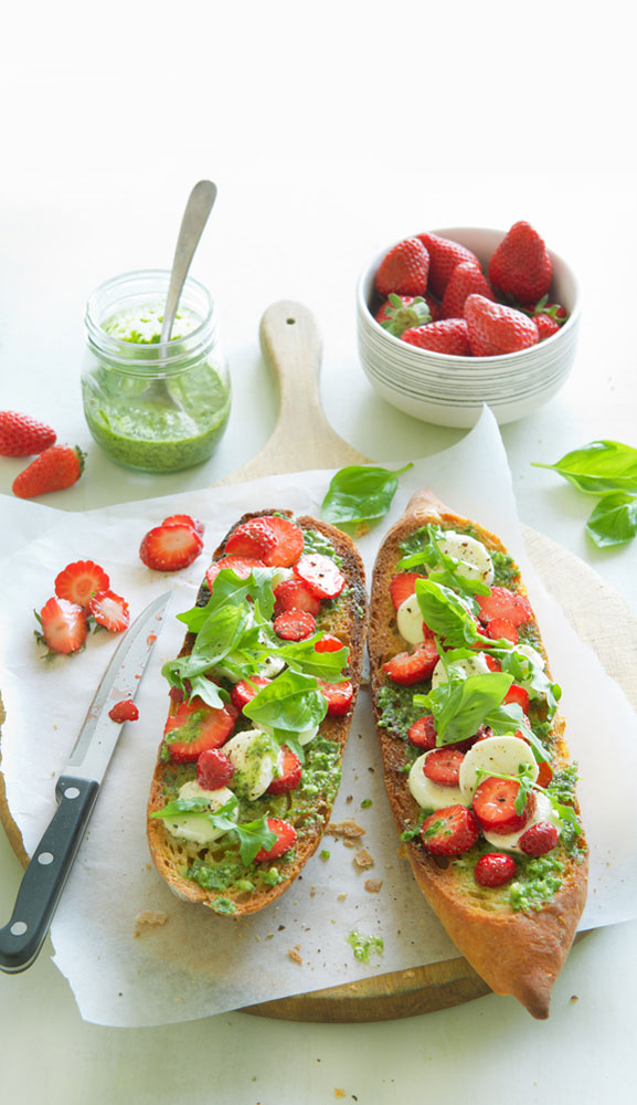Caprese strawberry salad on sour dough baguette with maple syrup and balsamic vinegar